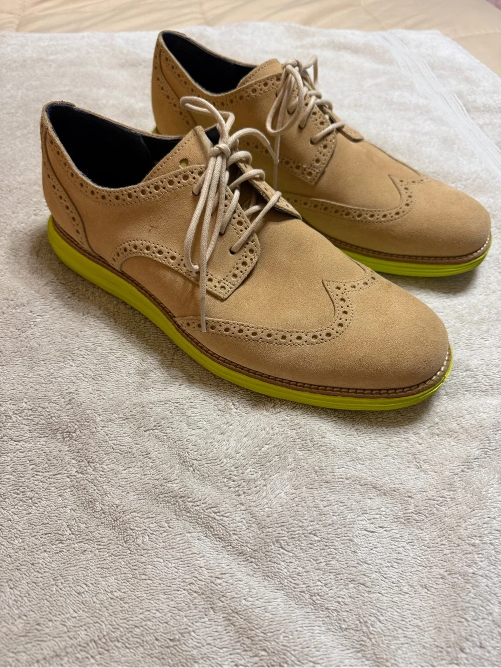 Men's Suede Wingtip Oxford in Tan with Lime Accent Sole